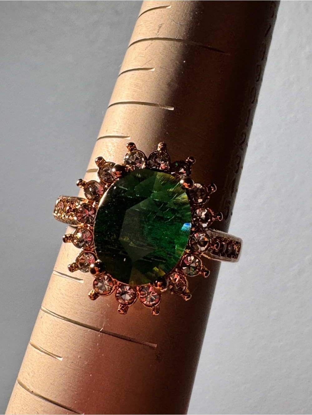 Green Crystal Halo Ring in Rose Gold